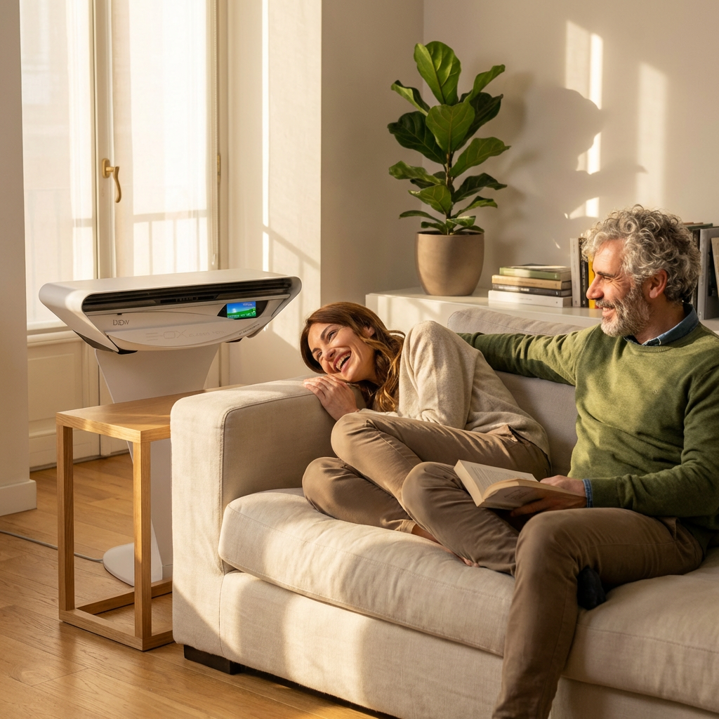 Pareja relajada con Biow en su hogar